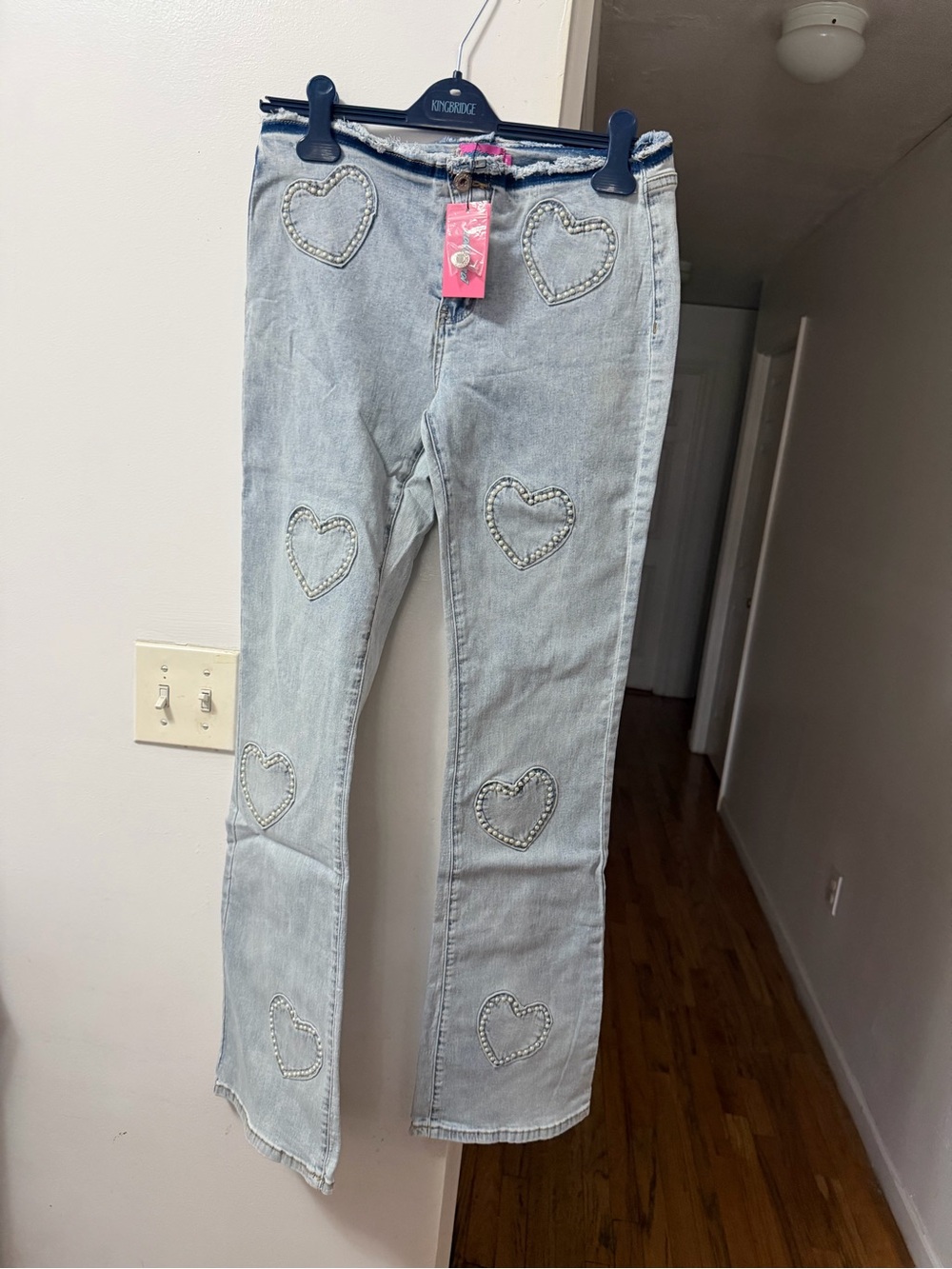 Edikted Light Blue Heart Embellished Flare Jeans